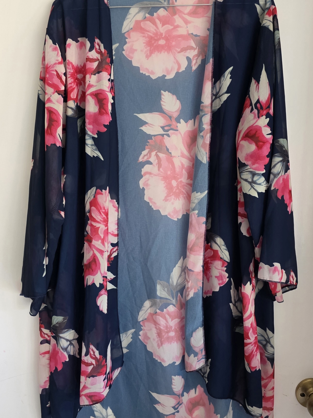 Sheer Navy Floral Kimono Robe with Pink Blooms 2x
